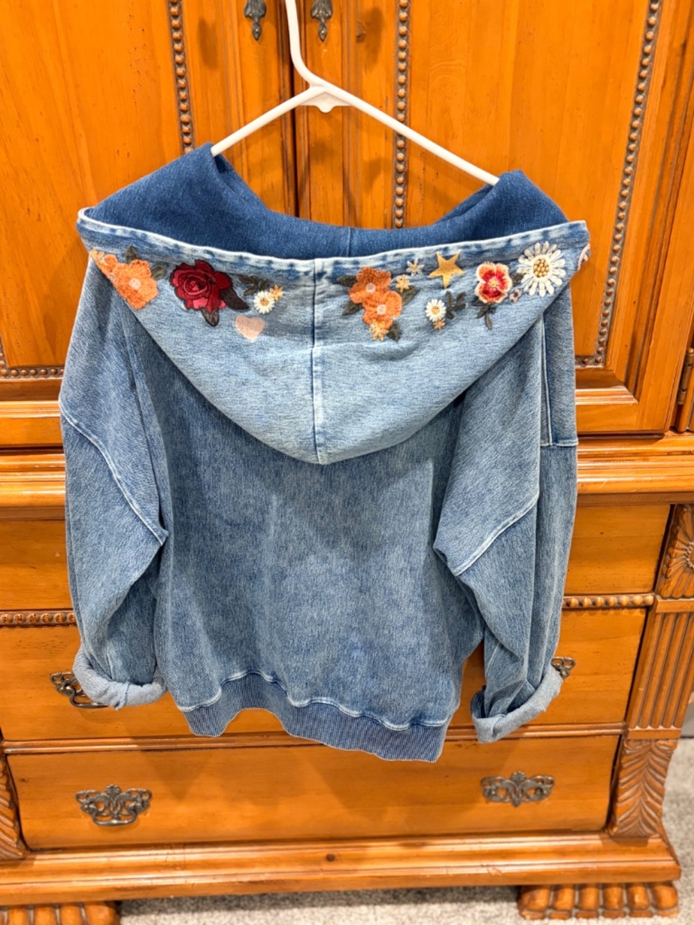 Camp Peace Floral Embroidered Denim Hoodie / Jean Jacket - Picture 4 of 4